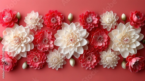  A close-up of a bouquet of pink flowers against a white and red backdrop