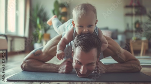 Father working out, doing single arm plank with his jolly infant baby riding on his neck.  photo