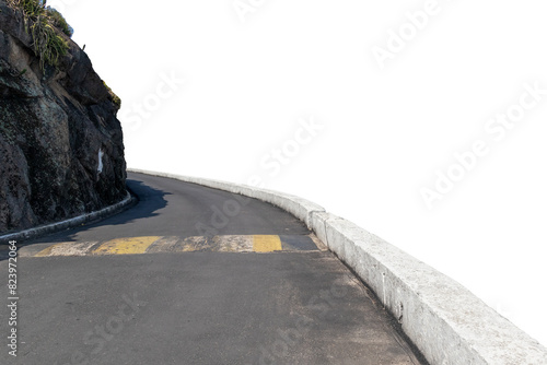 Curved on a small asphalt road with spring break, and rocky wall next to it, isolated in a transparent background.