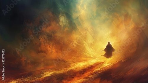 elijah transported by fiery chariot dramatic biblical scene blurred heavenly background digital painting photo