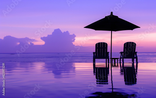 Two beach chairs silhouetted against the purple glow of sunset, reflecting on calm water with an umbrella in between them © ramona