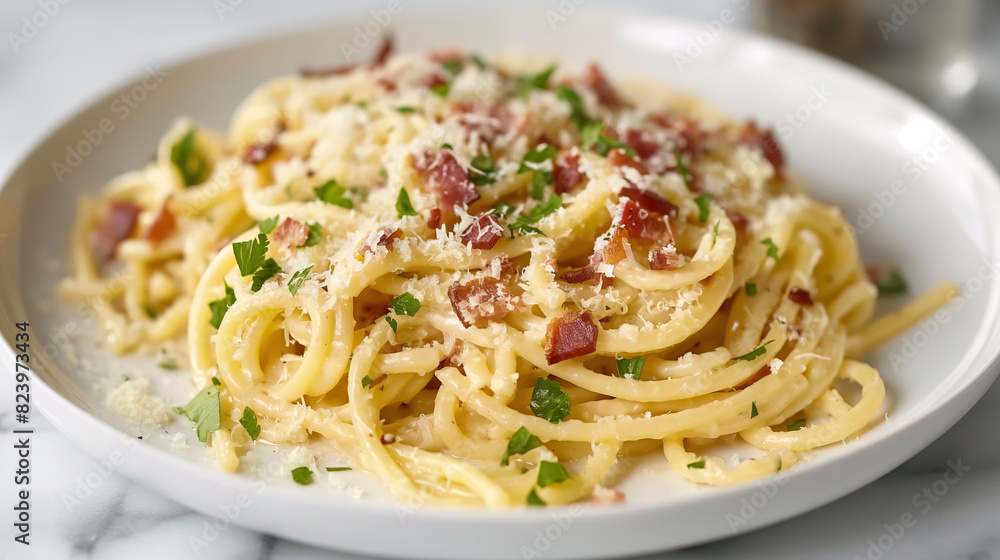 Pasta carbonara with bacon and parmesan on white plate, close up.