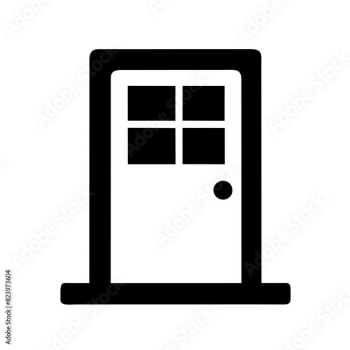 Black and white vector door icon with windows and doorknob