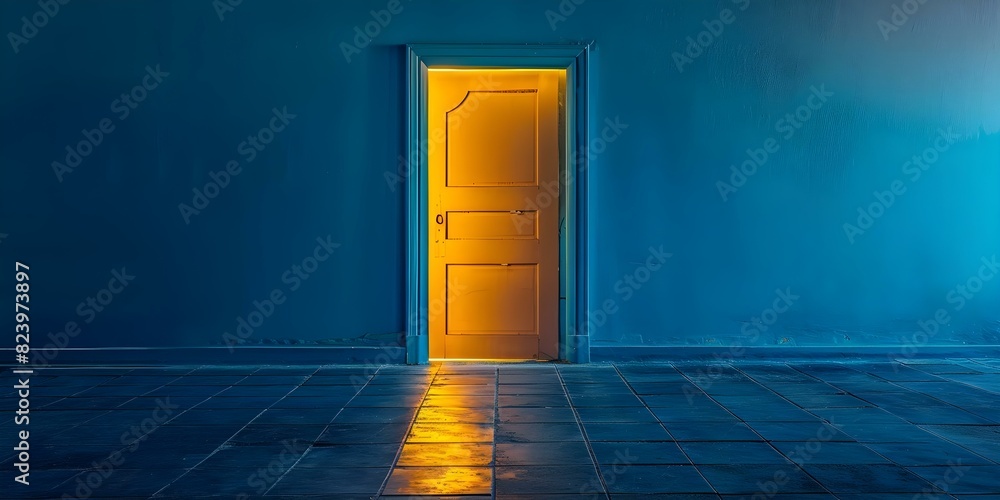 Opportunity symbolized by yellow light shining through open door on blue background. Concept Symbolism, Opportunity, Yellow Light, Open Door, Blue Background