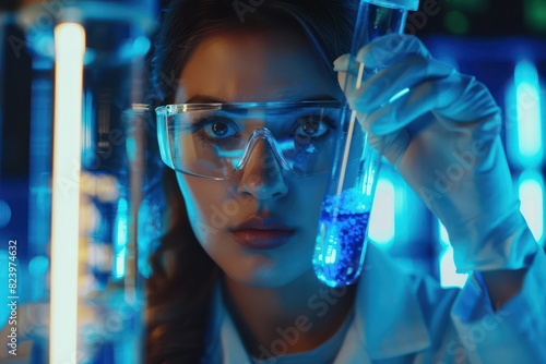 scientist in laboratory analyzing blue substance in beaker