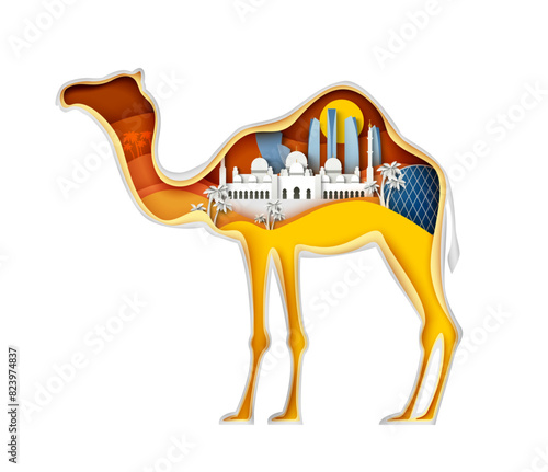 Camel with paper cut arabic city vector illustration. Abu dhabi emirates famous attractions, buildings cityscape map. Travel and vacation concept