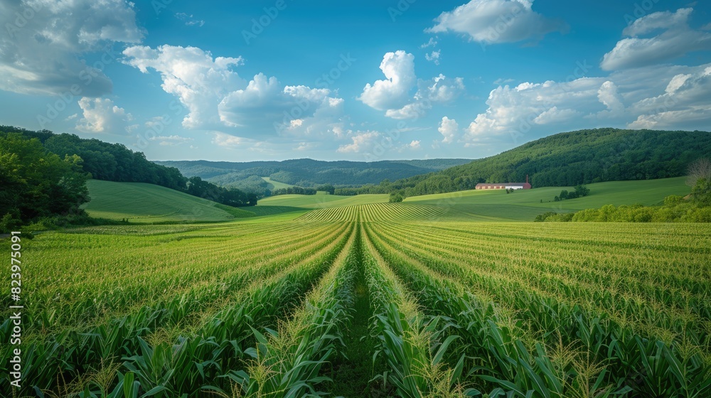 A verdant cornfield extends towards rolling hills under a blue sky with fluffy clouds