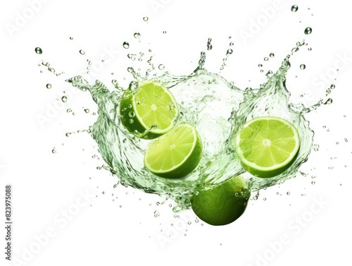 sparkling water with green limes flying, splash transparent water, white background