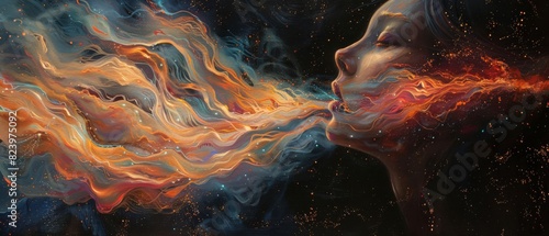 Surreal digital art of a woman exhaling colorful smoke, blending dreamlike elements with vivid imagination, creating a captivating visual effect. photo