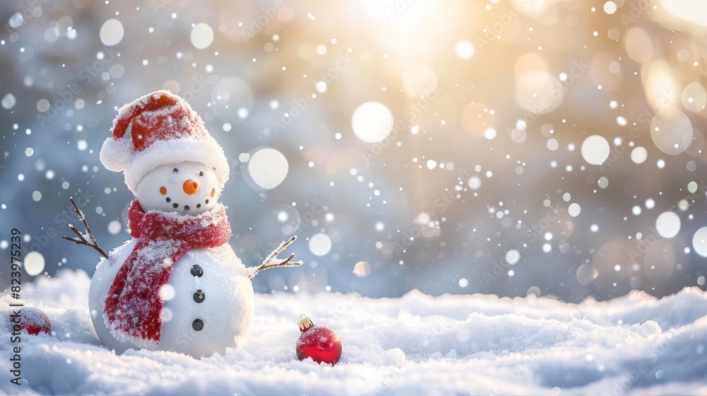 festive snowman in snowy christmas landscape happy new year background copy space festive snowman in snowy christmas landscape happy new year background copy space