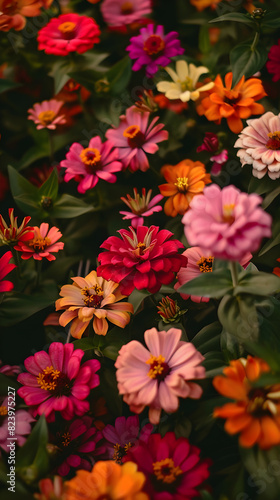 Impressive Display of Zinnia Flowers Blooming in Well-tended Garden Bathed in Natural Sunlight