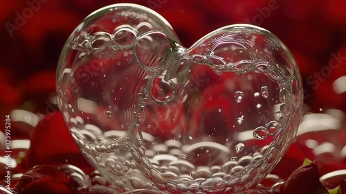  A heart-shaped glass sits on red roses in a water-filled room