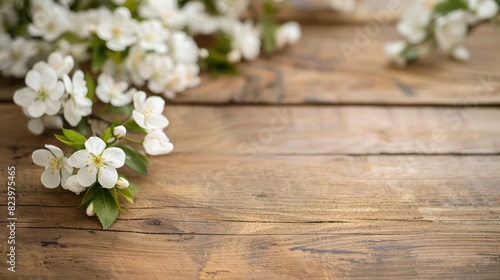 white blossoms and soft brown wooden table flooring, cherries tree flowers, spring and summer background