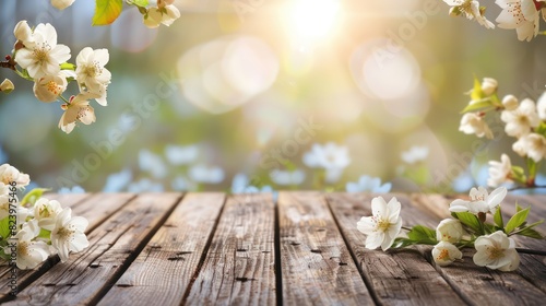 white blossoms and soft brown wooden table flooring, cherries tree flowers, spring and summer background © XTSTUDIO