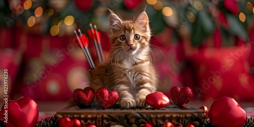 Cat Cupid in a romantic Renaissance motif shooting arrows on Valentines Day. Concept Valentine's Day, Cupid, Cat, Renaissance, Arrows