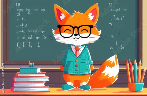 A fox in glasses and a jacket sits on the teacher's desk. There's a blackboard behind him. There are stacks of books nearby. The fox is smiling. Autumn, back to school
