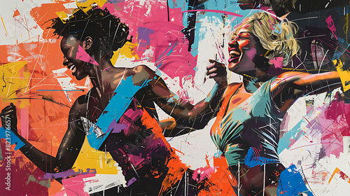 Two joyful women dance, laugh together, expressing happiness and camaraderie in a vibrant moment captured in this energetic image available on Adobe Stock