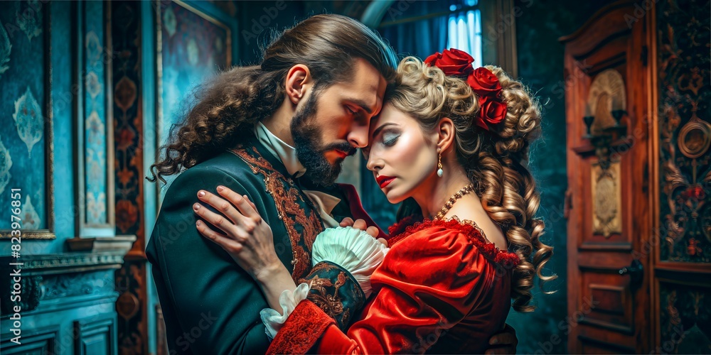 Close-up embrace of husband and wife in Baroque Gothic style, excerpt from the movie background wallpaper  in red dress 