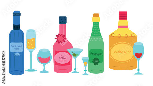 Set of alcoholic drinks in cartoon style. Vector illustration of bottles and glasses with delicious drinks: semi-sweet wine, red sweet wine, champagne, white wine isolated on white background.