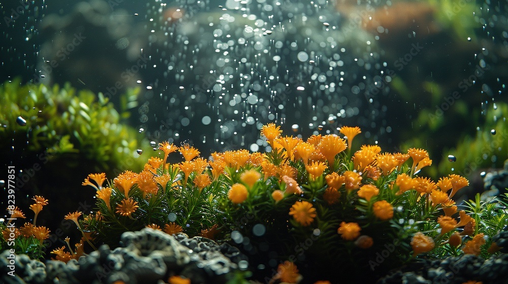   A close-up of a collection of plants with droplets of water on their upper and lower surfaces, positioned at the base of the image