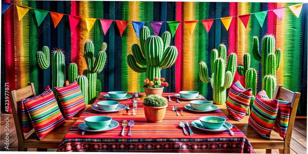 Obraz premium Table setting with cacti and tacos, with garlands, bright holiday table