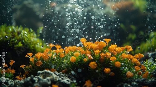  A close-up of a collection of plants with droplets of water on their upper and lower surfaces, positioned at the base of the image
