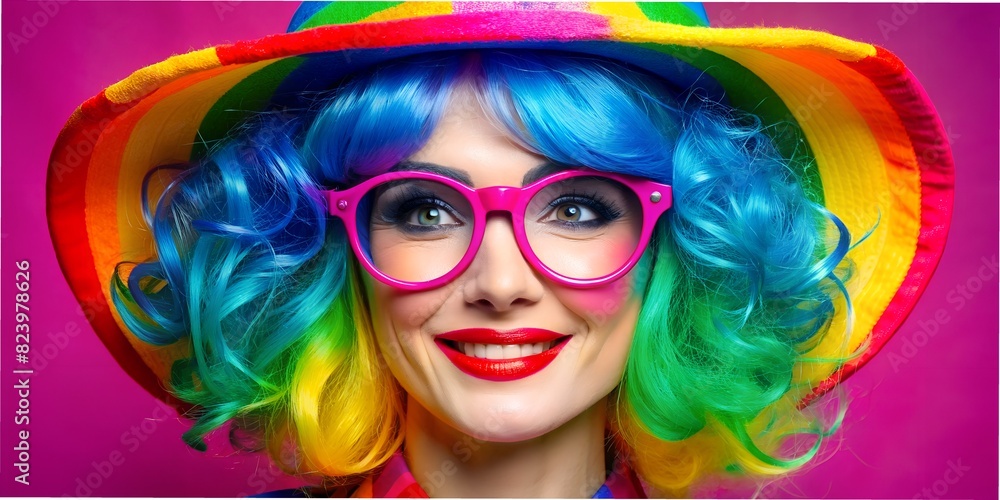 Obraz premium clown woman with colored hair with a smile in glasses, idea, background, wallpaper