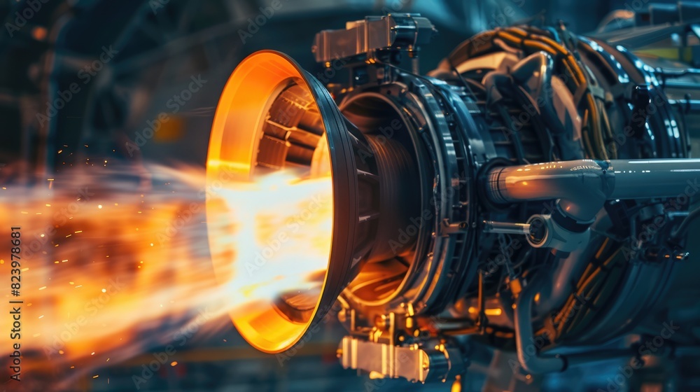 Test fire close-up of a rocket engine, highlighting the power and innovation in advanced aerospace engineering Test fire close-up of a rocket engine, highlighting the power and innovation in advanced aerospace engineering