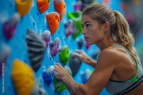 A girl climber is making a climb on an artificial rock. Girl on an artificial rock climbing wall photo