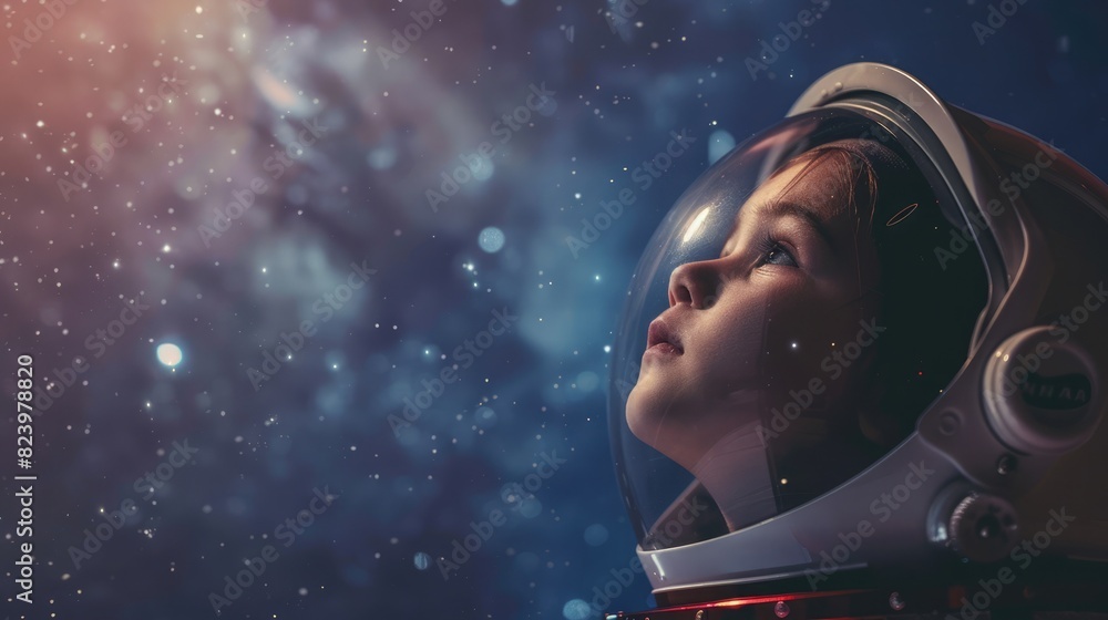 Young aspiring astronaut in helmet, looking up at the stars, symbolizing dreams and educational aspirations Young aspiring astronaut in helmet, looking up at the stars, symbolizing dreams and educational aspirations