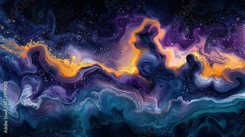   A vivid canvas adorned with swirling hues of blue, yellow, and purple against a ravenous backdrop, featuring a radiant white celestial body at its center photo