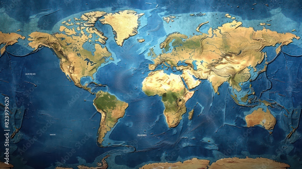 world map showing the various continents and oceans, highlighting different angles of Earth's surface with detailed terrain features such as mountains, deserts, forests, and ocean patterns