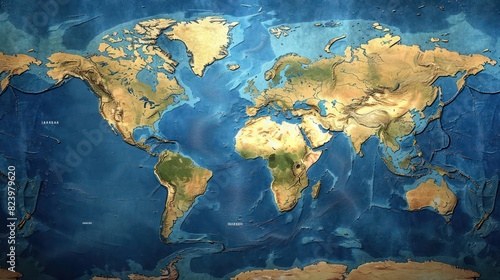 world map showing the various continents and oceans, highlighting different angles of Earth's surface with detailed terrain features such as mountains, deserts, forests, and ocean patterns