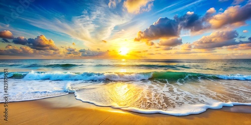 sunset over the sea Summer landscape of blue ocean waves bird's eye view, beautiful summer desktop background, blue clean ocean and sand beach