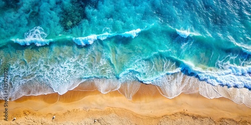 water background Summer landscape of blue ocean waves bird's eye view, beautiful summer desktop background, blue clean ocean and sand beach © Anelya