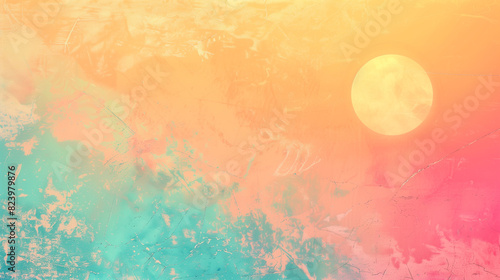 A colorful painting of a beach with a large sun in the sky