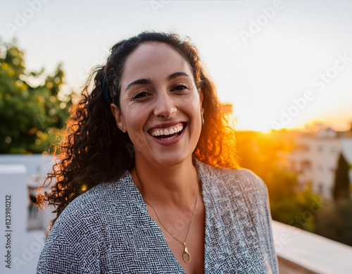 happy candid woman laughing at office summer party in evening golden hour sunset  photo