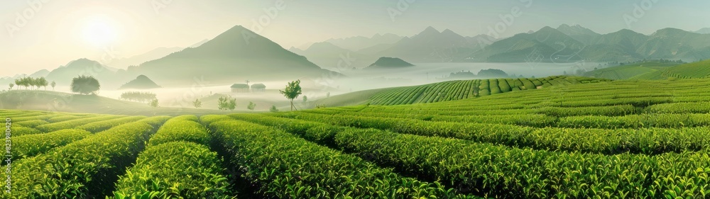 Beautiful landscape green fields of spring with distant mountains in the background, bright sunshine illuminating lush leaves and rows of short plants Beautiful landscape green fields of spring with distant mountains in the background, bright sunshine illuminating lush leaves and rows of short plants