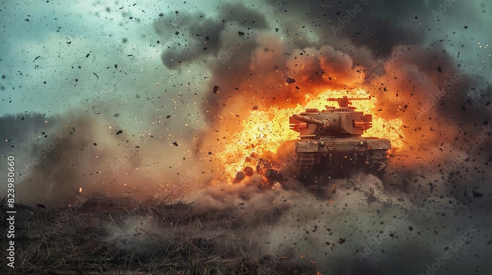 intense tank explosion on chaotic battlefield dramatic war photography 18