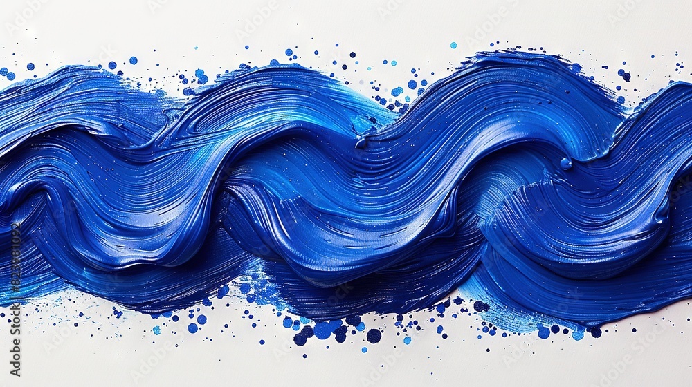 Artwork resembling blue-wave brushstrokes on white canvas with splatters Artwork resembling blue-wave brushstrokes on white canvas with splatters