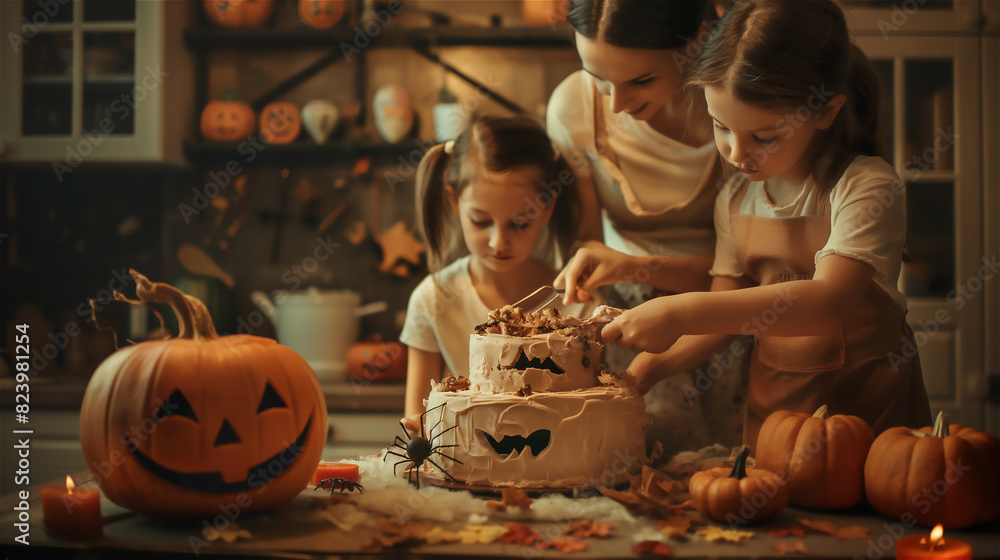 Mom is baking the pumpkin halloween cake with daughter.