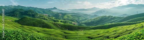 Beautiful landscape green grasslands and distant mountains in the background, tea garden landscape, tea leaves growing on lush fields of greenery