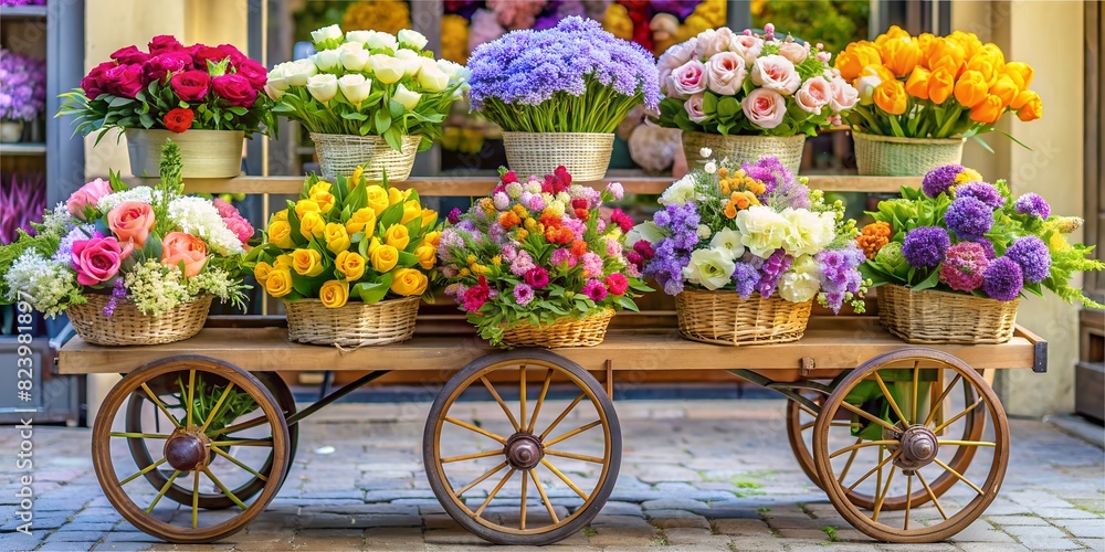 cart with tulips Flower Day, a cart full of flowers and bouquets, near the wall, various flowers in a wooden cart