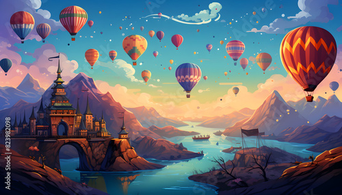 A colorful balloon soars into the sky style of modern,Vibrant Balloon Ascending: Modern Illustrated Artwork,Joyful Journey: Illustrated Balloon Soaring into the Sky