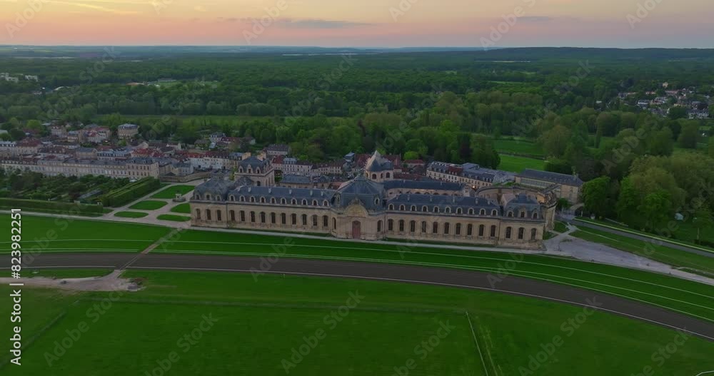 Aerial view of Chantilly Castle at sunset, Oise, Picardie, France Aerial view of Chantilly Castle at sunset, Oise, Picardie, France