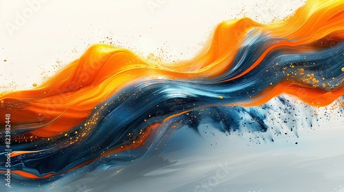  A stunning artwork depicting a vibrant blue-orange wave crashing against golden edges on a white canvas