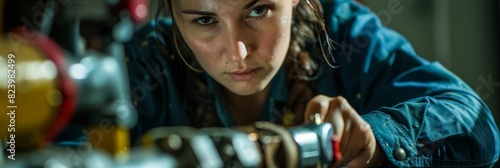 A woman looking surprised while examining a machine in close-up view