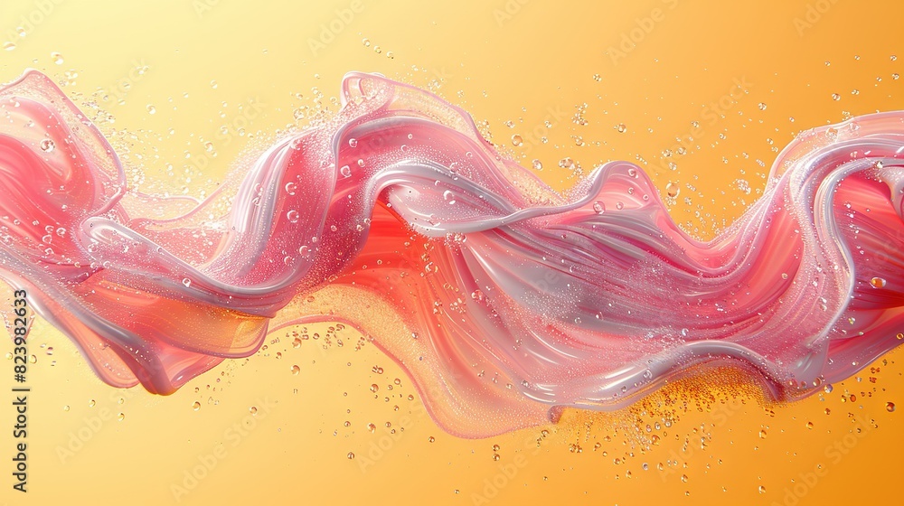A vibrant mix of pink and white, the wave appears against an orange-yellow backdrop Droplets of water add dimension at the base A vibrant mix of pink and white, the wave appears against an orange-yellow backdrop Droplets of water add dimension at the base