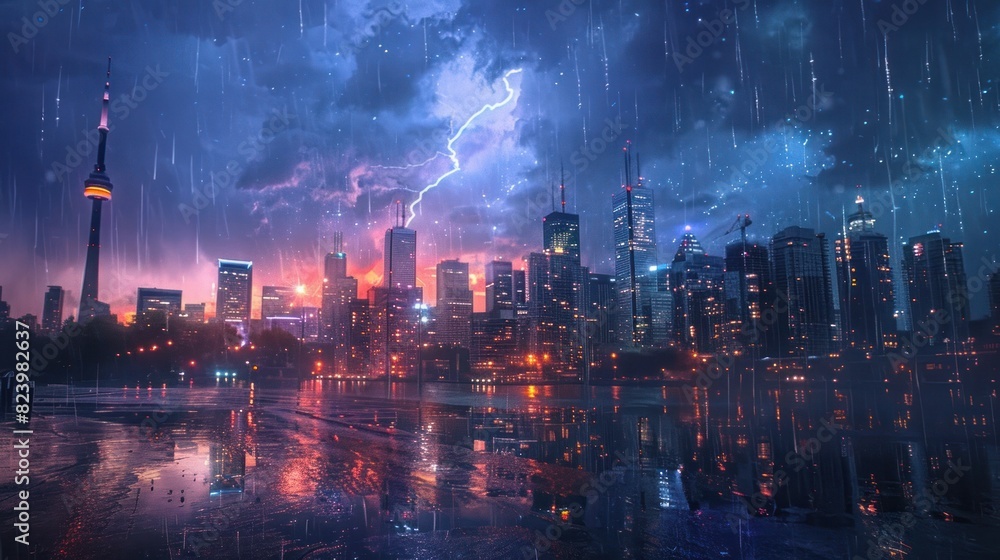Thunderstorms Light Display A City Skyline Illuminated by Dramatic Storm Lighting