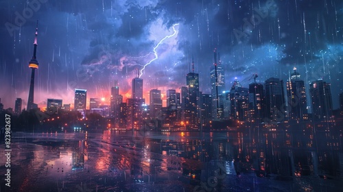 Thunderstorms Light Display A City Skyline Illuminated by Dramatic Storm Lighting photo
